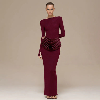 Women Clothing Autumn Winter Elegant Lady Slim Fit Long Sleeve Pleated Sheath Maxi Dress by Ragazza