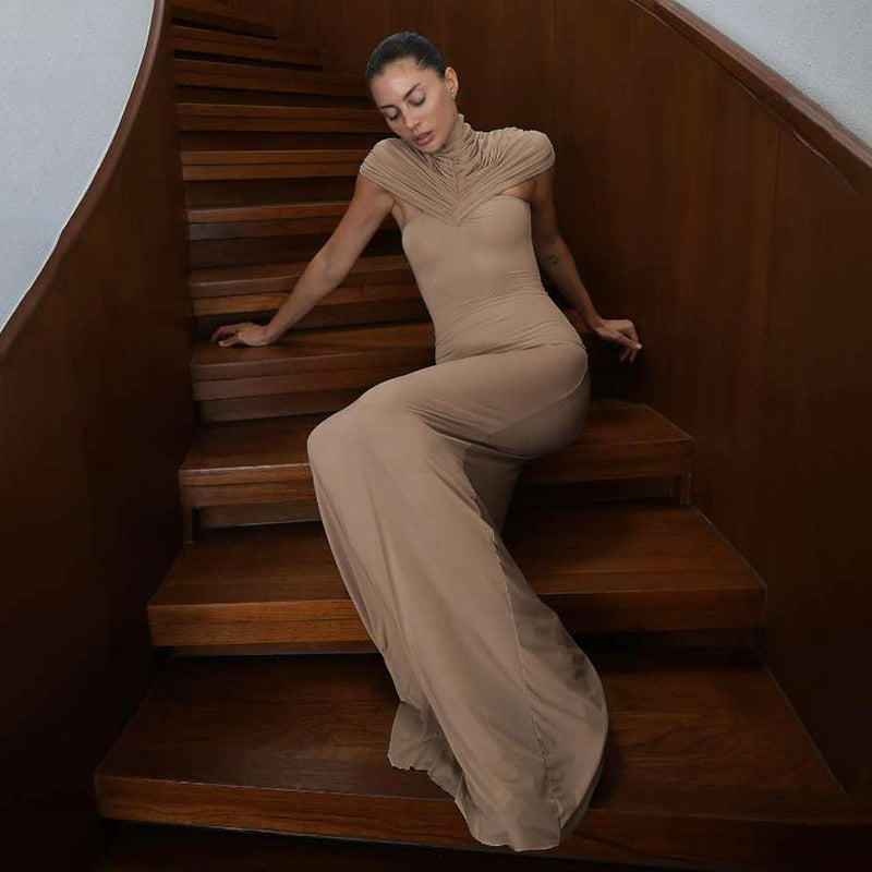 Women Clothing Autumn Winter Elegant Sexy Slim Hollow Out Cutout Pleated Turtleneck Solid Color Dress by Ragazza