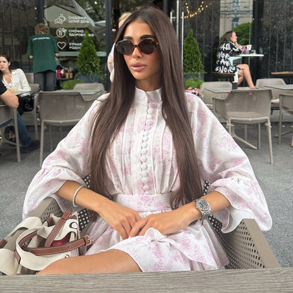 French Short Print Elegant Dress for Women Stand up Collar Flared Sleeves Single Breasted Lace up A line Dress by Ragazza