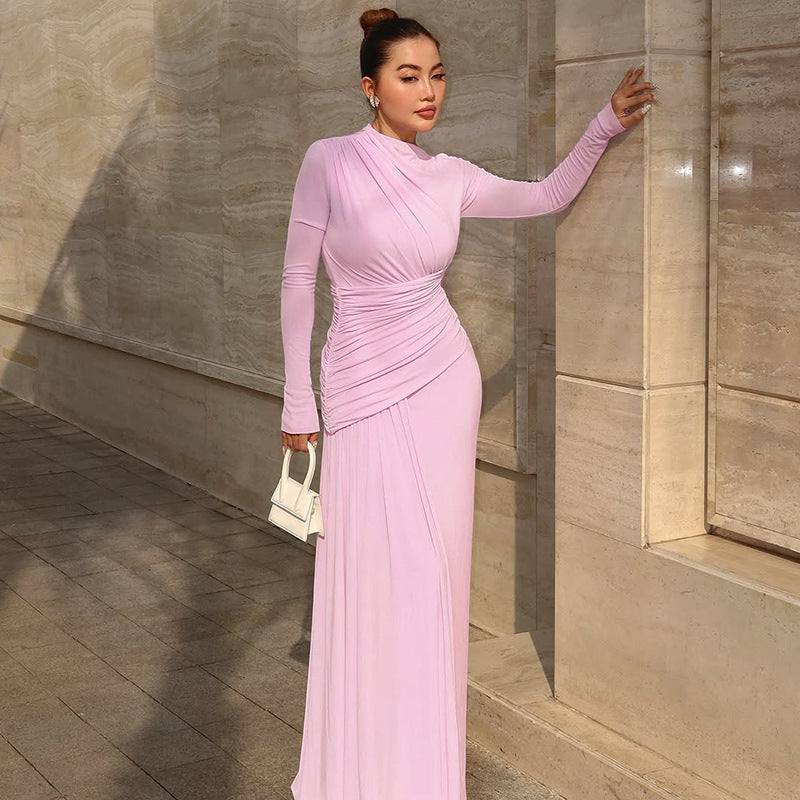 Women Clothing Summer Elegant Slim Pleated Zipper round Neck Long Sleeved Dress by Ragazza