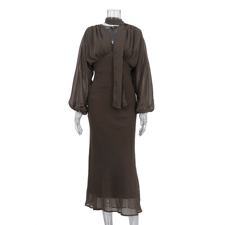 Elegant Women Clothing Autumn Design Pleated Dress Fashionable Scarf V neck Long Sleeve Narrow Maxi Dress by Ragazza
