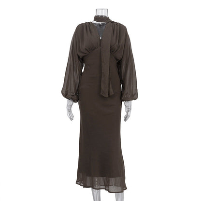 Elegant Women Clothing Autumn Design Pleated Dress Fashionable Scarf V neck Long Sleeve Narrow Maxi Dress by Ragazza