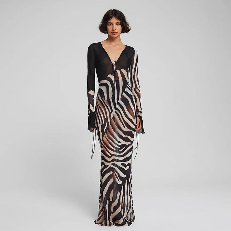 Summer Color Contrast Printed Sexy V neck Mesh Long Sleeve Dress  DestGlow