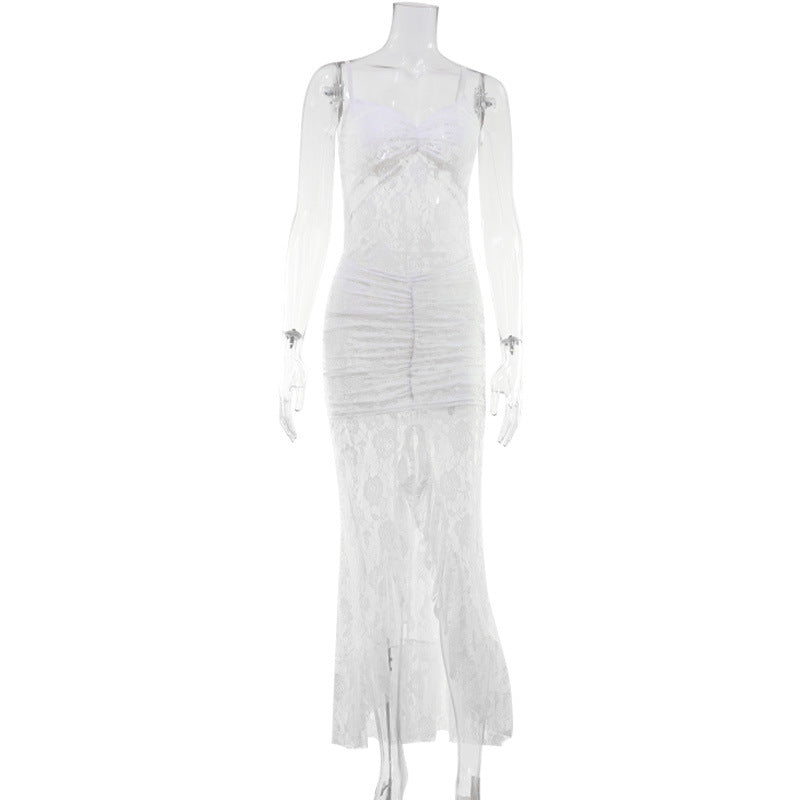 Women Solid Color Lace Sexy Backless Spaghetti Straps Dress Slit Trailing Maxi Dress Gown by Ragazza