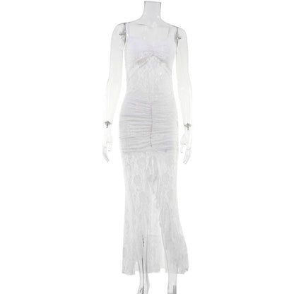 Women Solid Color Lace Sexy Backless Spaghetti Straps Dress Slit Trailing Maxi Dress Gown by Ragazza