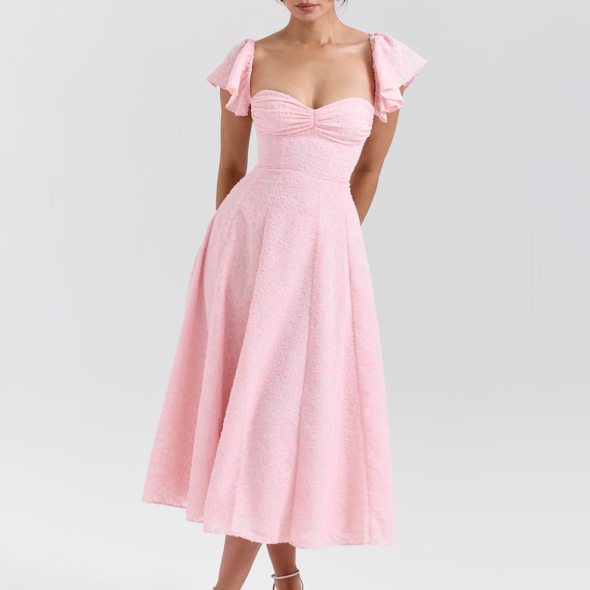 Women Wear Pink Sexy Square Neck Fitted Waist Backless Mid Length Dress French Dress by Ragazza