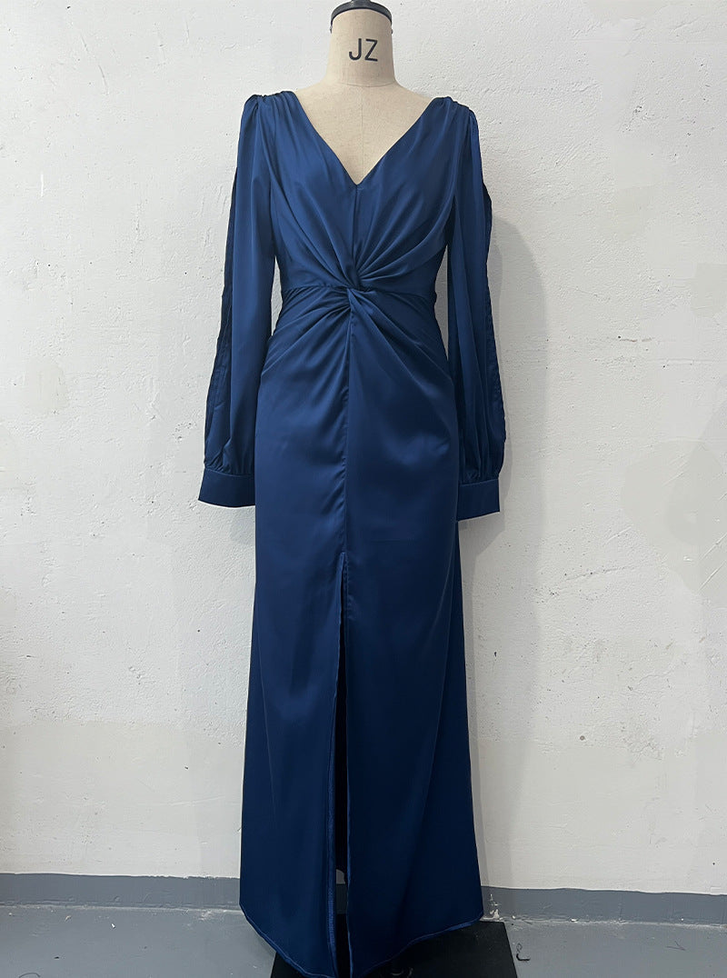 Summer Collar Solid Color Long Sleeve Slim Fit Slit Noble Dress by Ragazza