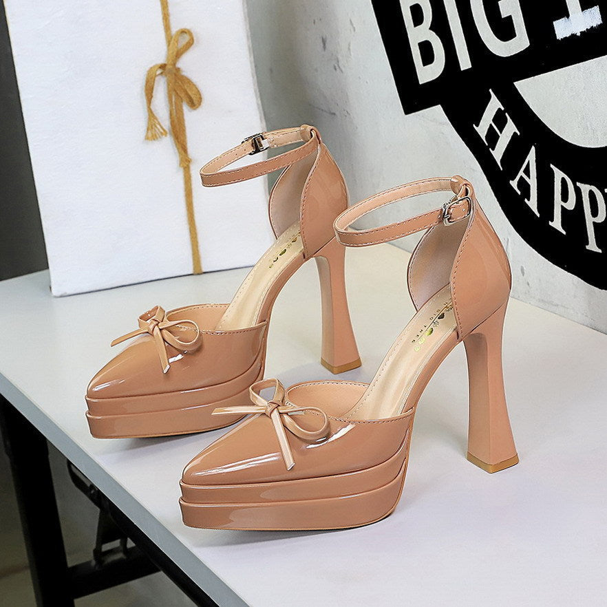 Sexy Double Layer Waterproof Platform Super High Heel Buckle Bow Patent Leather Pointed Toe Hollowed  DestGlow