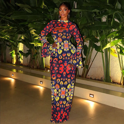 Retro Women Wear Waist Trimming Printing Hip Dress Hollow Out Cutout round Neck Flared Sleeves Maxi Dress by Ragazza