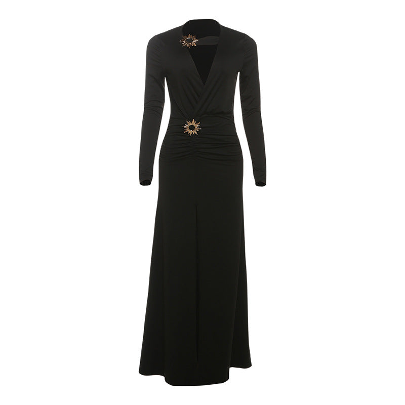 Fall Women Clothing Sexy Deep V Plunge neck Split Dress Solid Color Dress Women by Ragazza