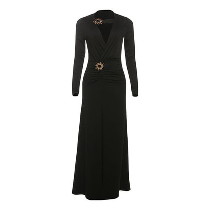 Fall Women Clothing Sexy Deep V Plunge neck Split Dress Solid Color Dress Women by Ragazza