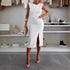 round Neck Elegant Split Solid Color Slim Fit Dress Women by Ragazza