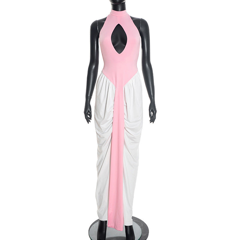 Women Clothing Winter Halter Sleeveless round Neck Hollow Out Cutout Contrast Color Ribbon Slit Maxi Dress by Ragazza