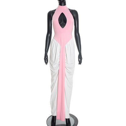 Women Clothing Winter Halter Sleeveless round Neck Hollow Out Cutout Contrast Color Ribbon Slit Maxi Dress by Ragazza