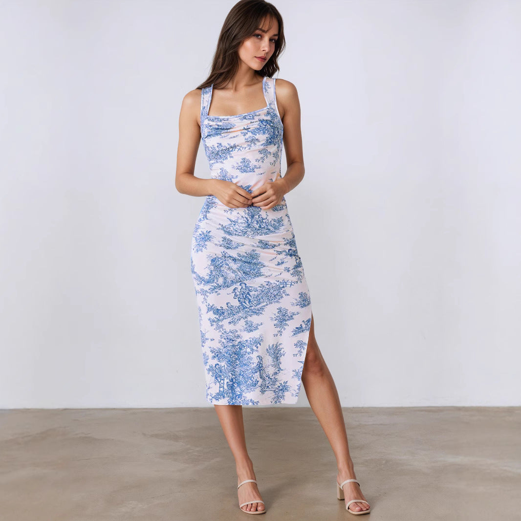 Summer Fresh Maxi Dress Square Collar Slimming Side Slit Sling Dress by Ragazza