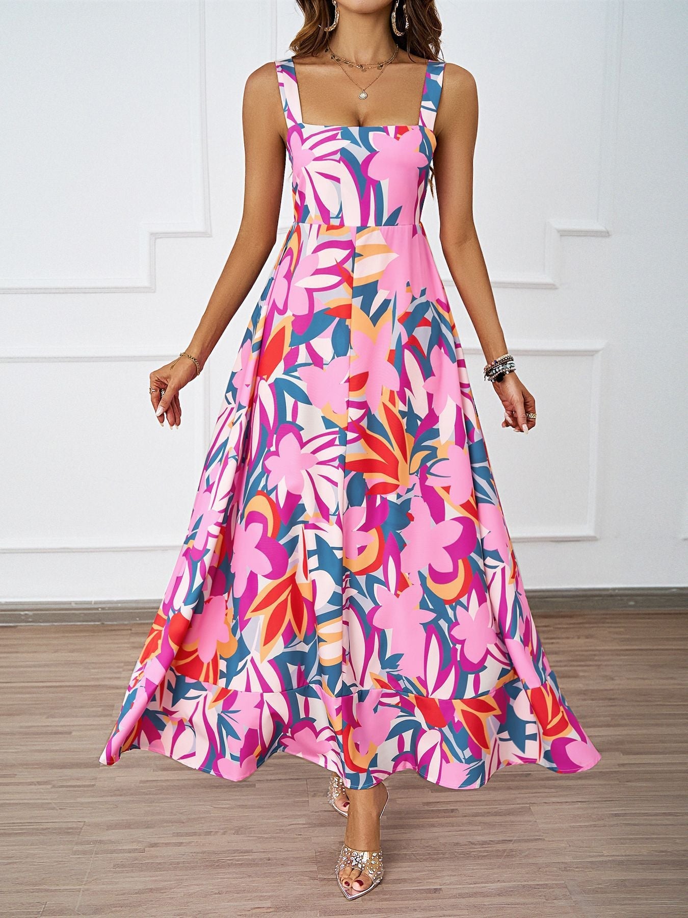 Women Clothing Summer Casual Strap Elegant A line Dress Floral Printed Dress by Ragazza