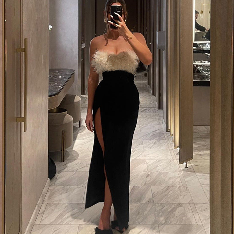 Winter Sexy Sexy off Shoulder Furry Tube Top Slit Dress Women by Ragazza