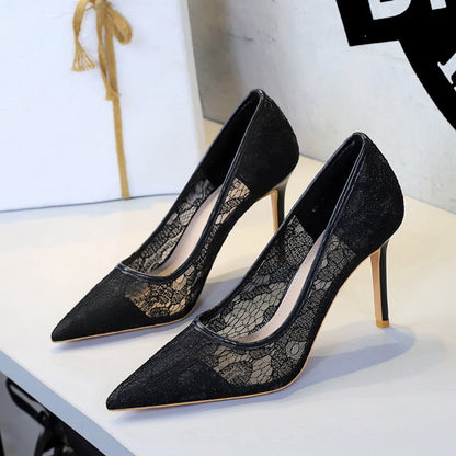 Sexy Lace High Heeled Shoes Shallow Mouth Pointed Toe Skinny Night Club Mesh Stiletto High Heel Shoes  DestGlow