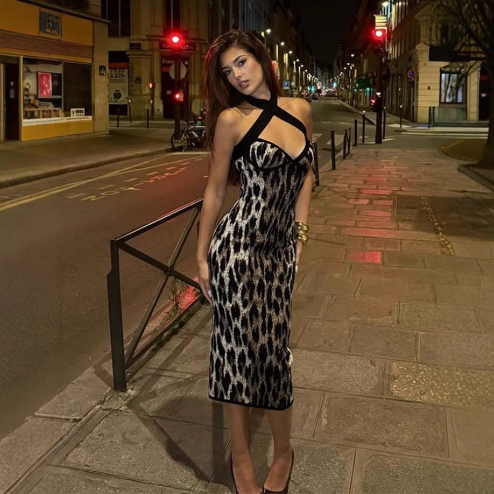 Sexy Night Club Women Clothing Cross Halterneck Backless Slim Fit Tight Leopard Print Elegant Sexy Dress by Ragazza