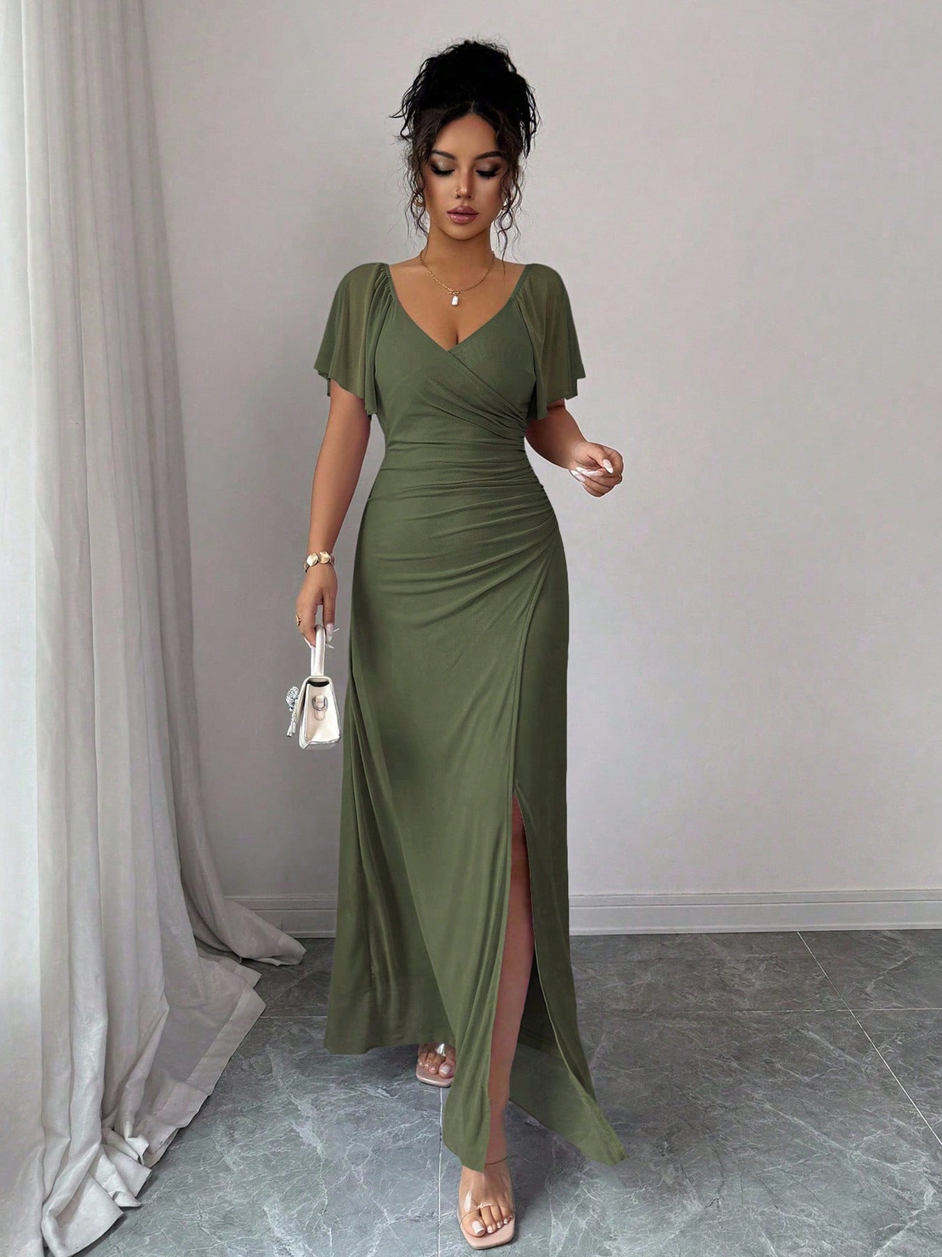 Women Elastic Net V Neck Patchwork Flying Sleeves Slit Evening Dress  DestGlow