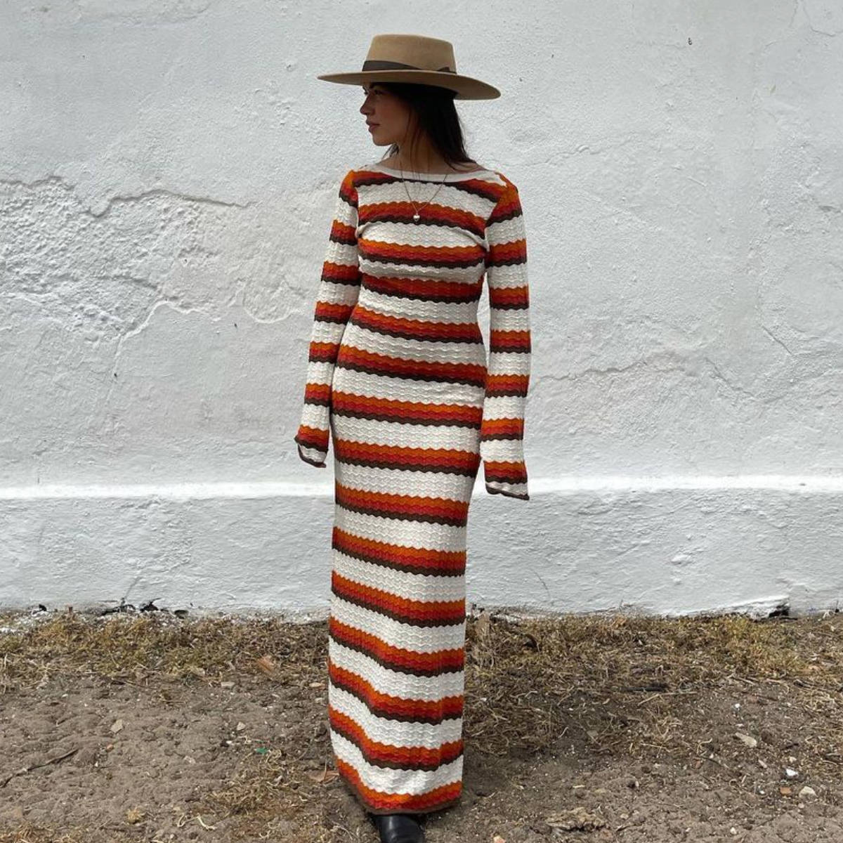 Striped Contrast Color Beach Vacation Sexy Dress Knitted Hollow Out Cutout Maxi Dress Blouse Summer Women by Ragazza