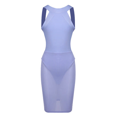 Light Blue Backless Dress Workplace Office Lightly Mature Waist Slimming Sleeveless Vest Dress  DestGlow