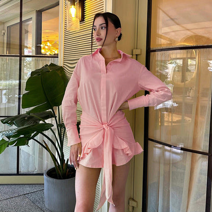 Full Support Ruffled Lace up Casual Elegant Solid Color Long Sleeve Shirt Dress by Ragazza