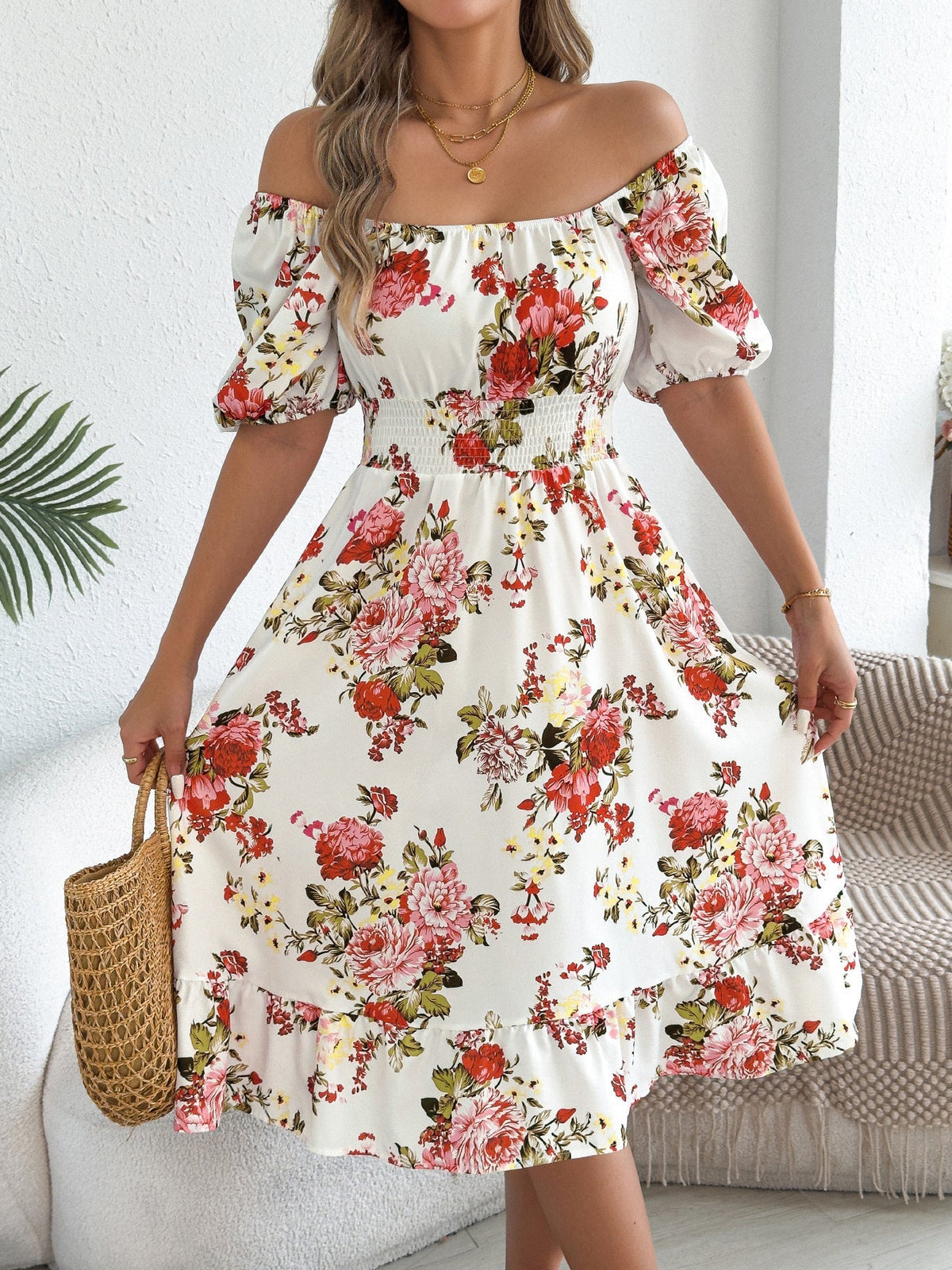 Spring Summer Floral Off Shoulder Short-Sleeved Ruffle A Line Holiday Dress  DestGlow
