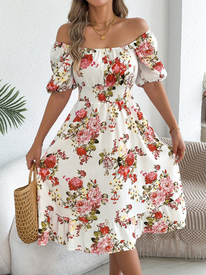 Spring Summer Floral Off Shoulder Short-Sleeved Ruffle A Line Holiday Dress  DestGlow