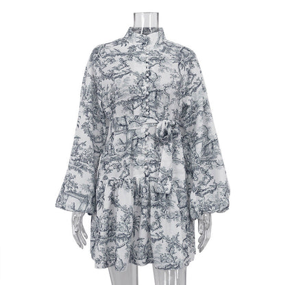 Early Spring National Ink Printing Short Dress Puff Sleeve Stand Up Collar Tie Retro A Line Dress by Ragazza