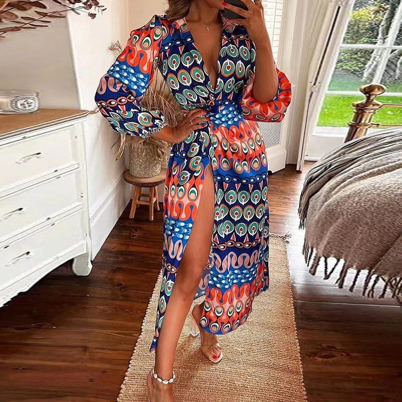 Women Clothing Autumn Sexy Slit Lace up Waist Controlled V neck Shirt Elegant Dress Women by Ragazza
