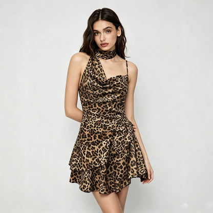Leopard Print Halter Dress Backless Waist Trimming Ruffled Sexy Small Slim Dress by Ragazza