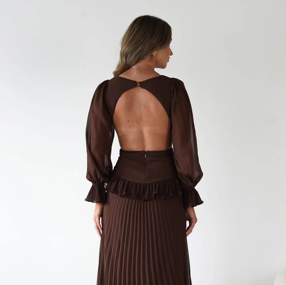 Women Long Sleeve Pleated Waist Tight Backless Dress  DestGlow