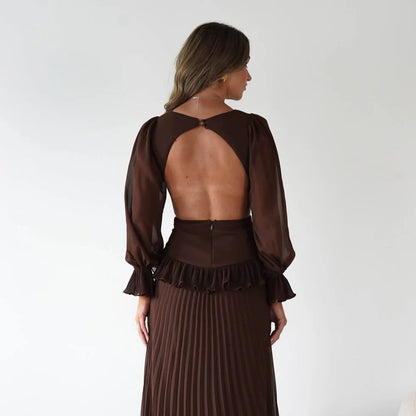 Women Long Sleeve Pleated Waist Tight Backless Dress  DestGlow