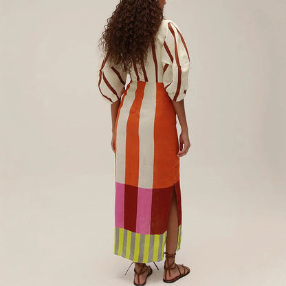 Spring Summer Positioning Printing Linen Dress Casual Vacation Loose Dress by Ragazza