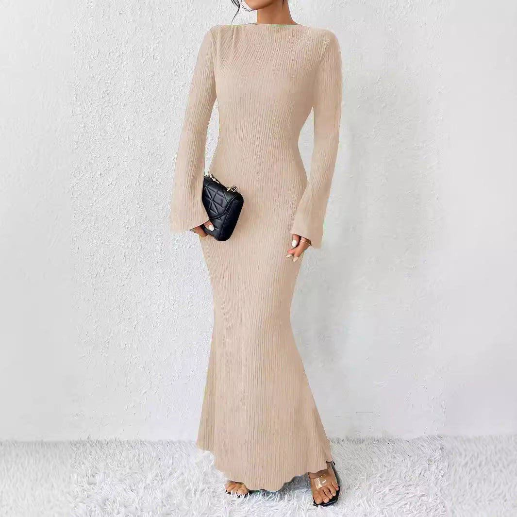 Autumn Winter Women Clothing round Neck Flared Long Sleeve Slim Sheath Dress Women by Ragazza