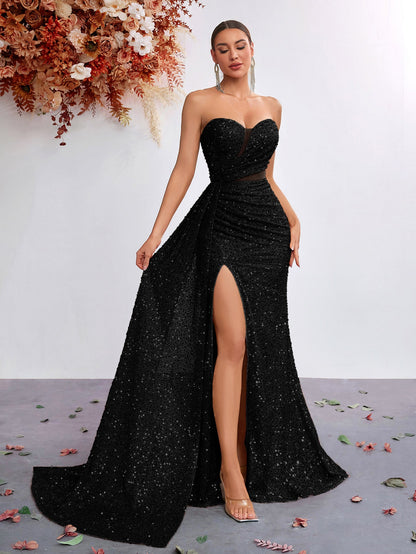 Light Luxury Sequ Tube Top Sexy High Waist Slit Fishtail Evening Dress Cocktail High Grade Socialite Dress by Ragazza