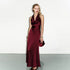 Low Cut Halter Swing Collar Sexy Backless Wine Red Slim Fit Graceful Satin Dress by Ragazza