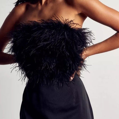 Autumn Winter Backless Dress Feather Tube Top Sexy Irregular Asymmetric Swing Dress by Ragazza