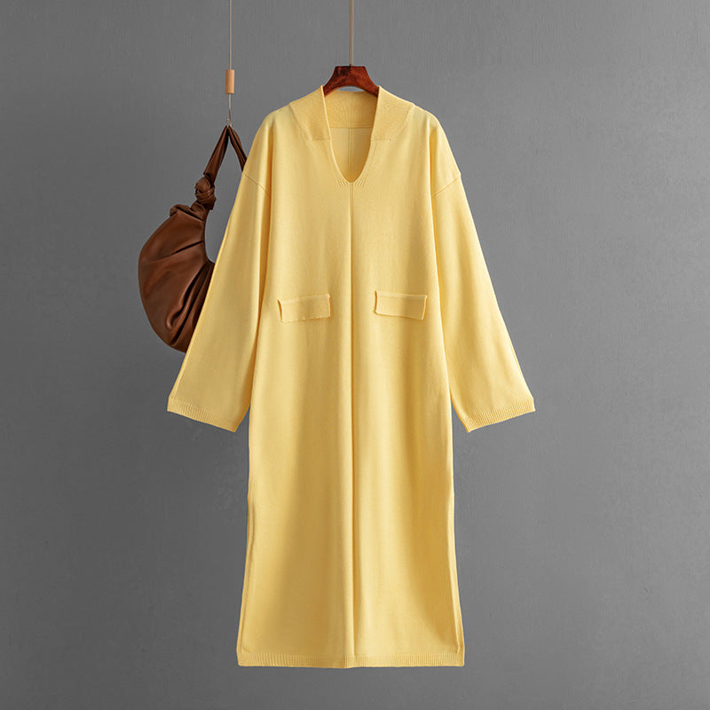 Autumn Winter V neck Solid Color Casual Loose Knitted Dress Split Long Sleeve Long Dress  DestGlow