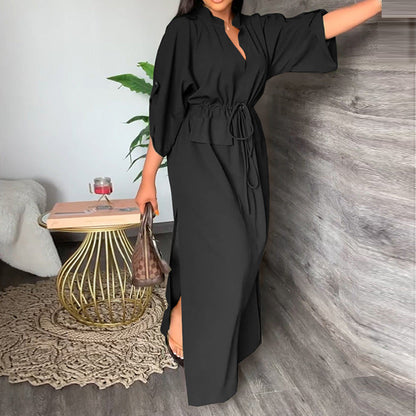 Autumn Women Clothing Casual Stand Collar Split Dress Solid Color Dress by Ragazza