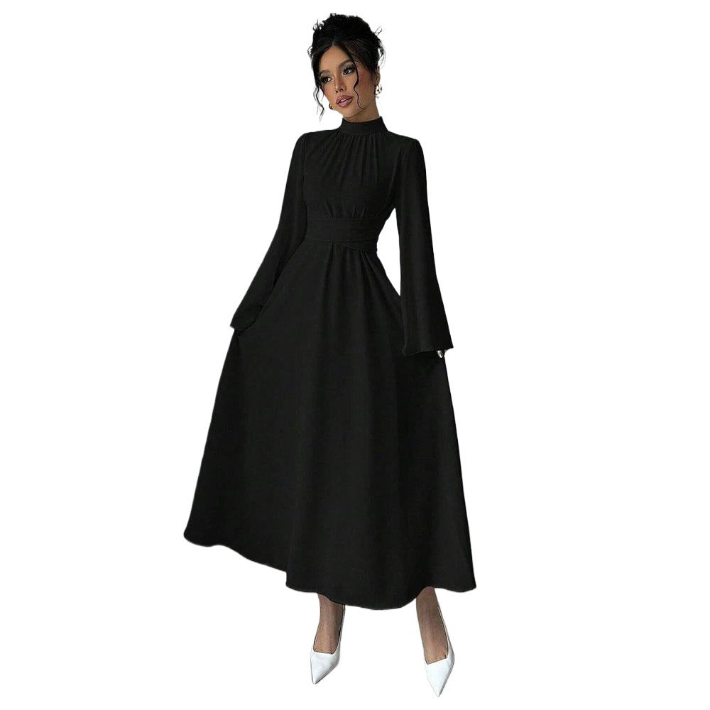 Black Stand up Collar Waist Maxi Dress Women Autumn Winter Long Sleeve Retro Large Bell Sleeve Solid Color Dress by Ragazza