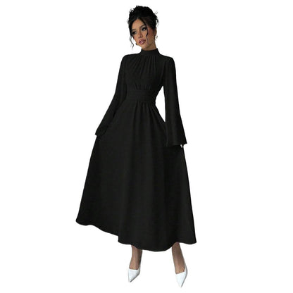 Black Stand up Collar Waist Maxi Dress Women Autumn Winter Long Sleeve Retro Large Bell Sleeve Solid Color Dress by Ragazza