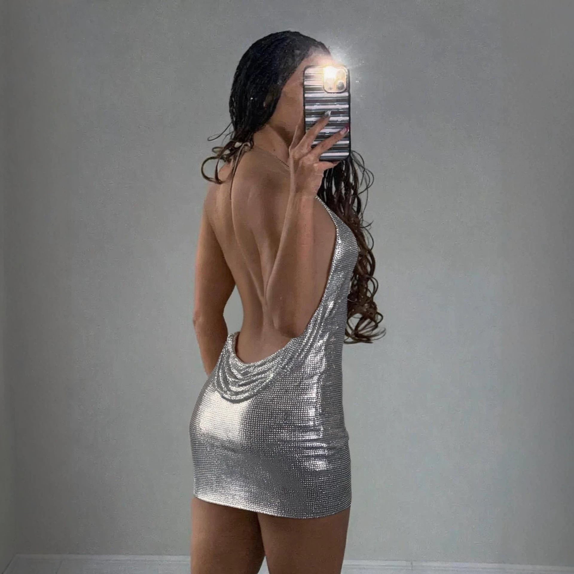 Electronic Music Festival Sexy Glossy Swing Collar Halter Backless Strap Aluminum Sheet Dress  DestGlow