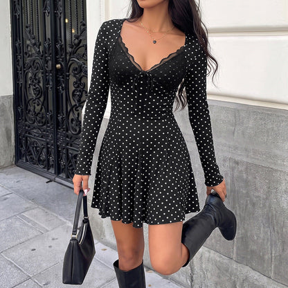 Vintage Polka Dot Lace V neck Waist Trimming Short Dress  DestGlow