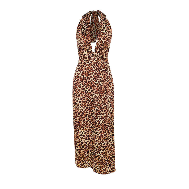 Deep V Plunge Leopard Print Strap Dress for Women Vacation Sexy Slim Fit Halter Backless Maxi Dress by Ragazza