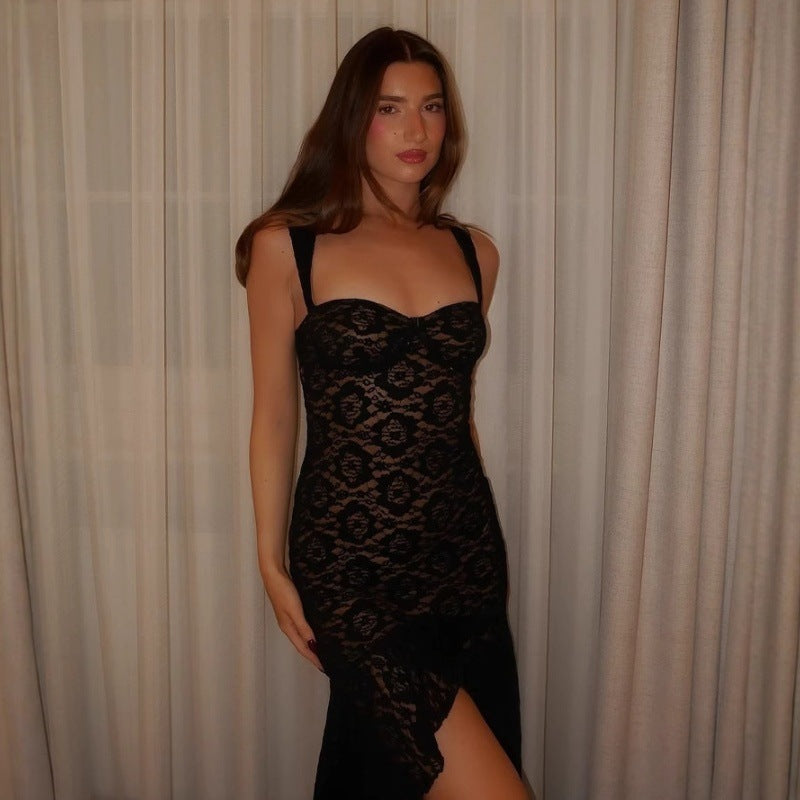 Women Clothing Sexy Lace Sling Slim Fit See through Split High Grade Dress Women by Ragazza