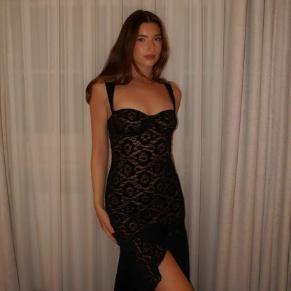 Women Clothing Sexy Lace Sling Slim Fit See through Split High Grade Dress Women by Ragazza