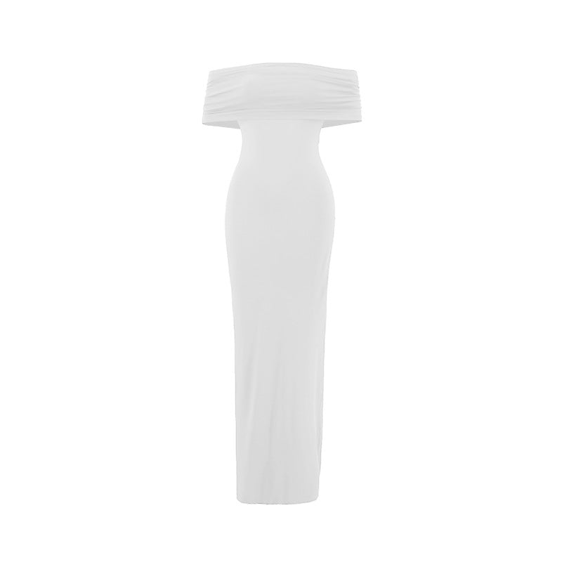 Women Clothing Summer Sexy off Shoulder Backless Bag Hip Pleated Solid Color Dress by Ragazza