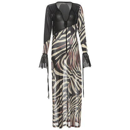 Summer Women Clothing Color Contrast Printed Sexy V neck Mesh Long Sleeve Dress by Ragazza